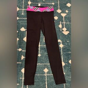 Girls Ivivva Black Leggings with Pink Patterned Waistband, size 8